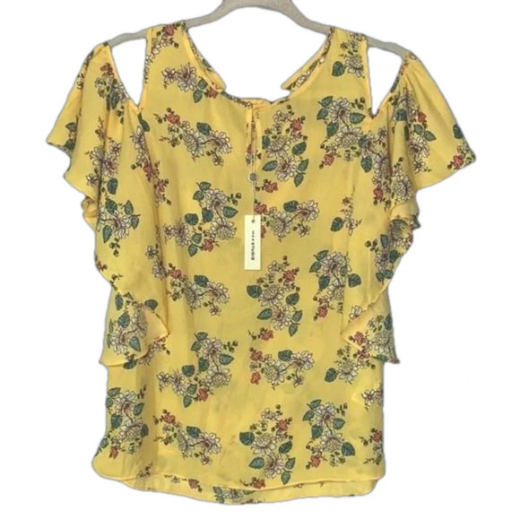 NWT floral print top Max Studio ruffle sleeve bright yellow top spring summer - Picture 2 of 9
